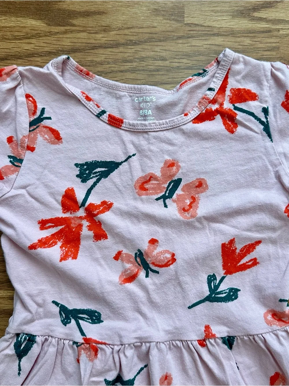 Carter’s Kid Girls 8 8A Short Sleeve Cotton Summer Dress Pink Red Floral EUC!